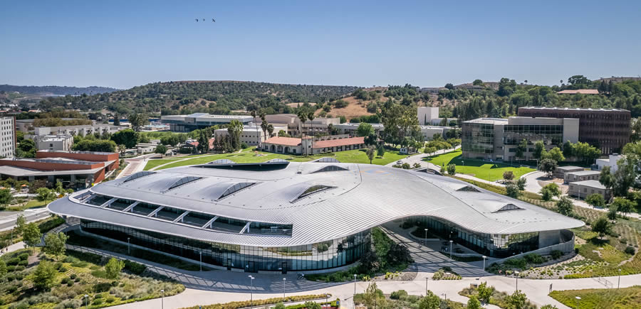 drone shot of the Student Services Building overlooking University Park